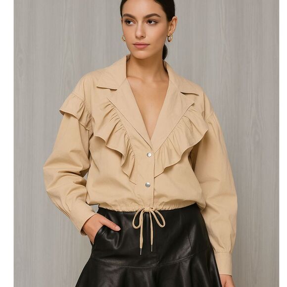 Mazik Ruffle Front Blouse Small Neutral Beige Button Down Old Money Cottage Top - Picture 2 of 11